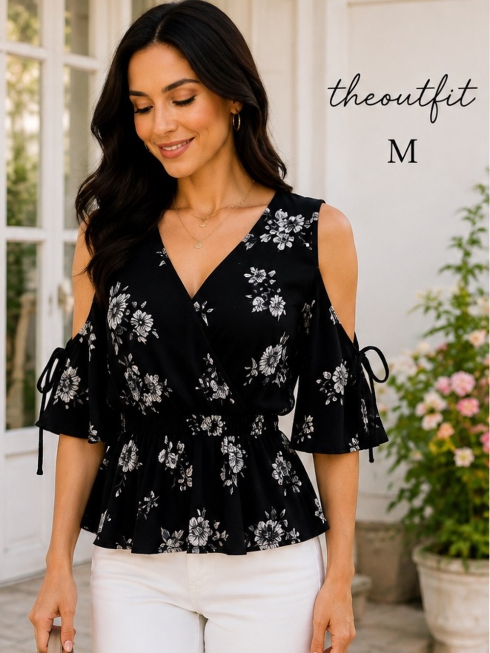 The Outfit Medium Black White Floral Cold Shoulder Faux Wrap Peplum Blouse